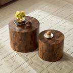 Nesting Coffee Table Set of 2, Modern Round Small Side Table Circle Accent End Table Drum Wood Center Table for Living Room Apartment Bedroom Office, No Assembly, Dark Walnut