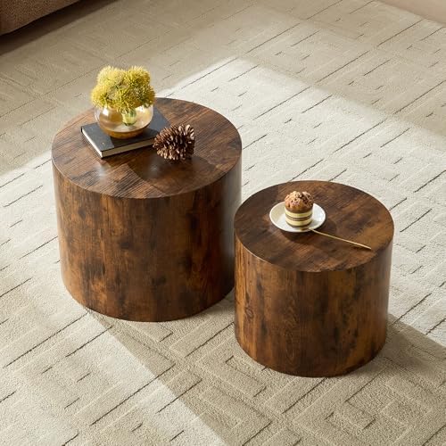 Nesting Coffee Table Set of 2, Modern Round Small Side Table Circle Accent End Table Drum Wood Center Table for Living Room Apartment Bedroom Office, No Assembly, Dark Walnut