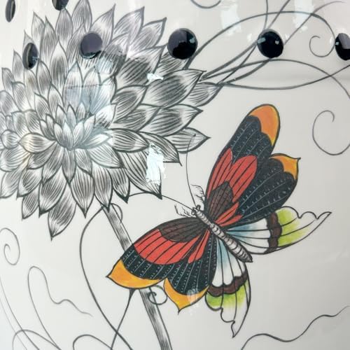 Hand-Painted Floral Bird Ceramic Drum Stool - Oriental Artistry Storage Ottoman, Accent Seat, End Table (The Butterfly‘s Floral Dance)