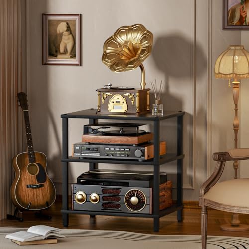 LELELINKY 3-Tier AV Media Player Stand, Stereo Cabinet, Modern Stereo Cabine,Game Console Shelf,Wooden TV Stand,Multifunctional Entertainment Center, Suitable for Home, Conference Room, Black