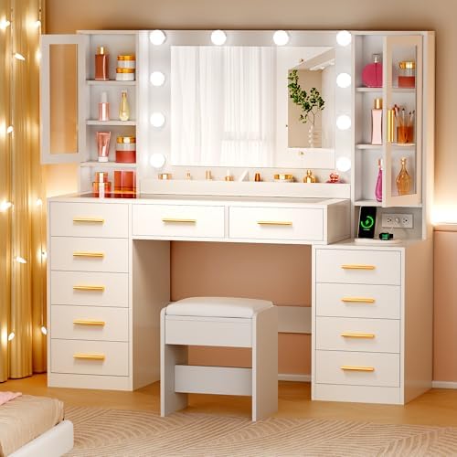 53.15" Large Glass Top Vanity Desk with Mirror and Lights, White