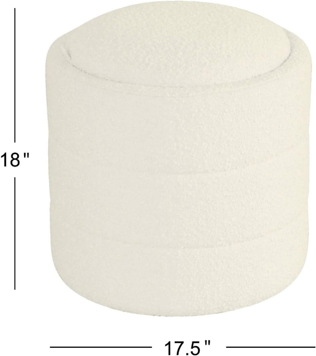 Storage Ottoman, 18 Inch Round Removable Lid, White Boucle Fabric