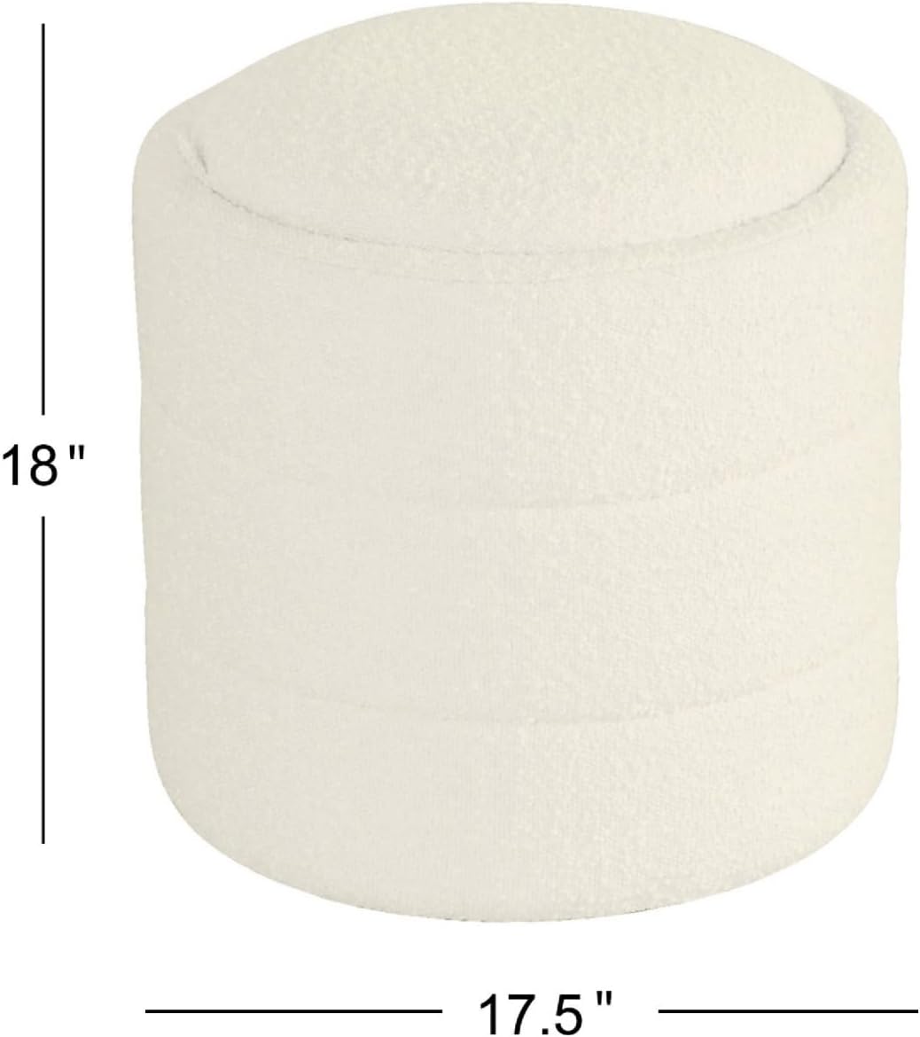 Storage Ottoman, 18 Inch Round Removable Lid, White Boucle Fabric