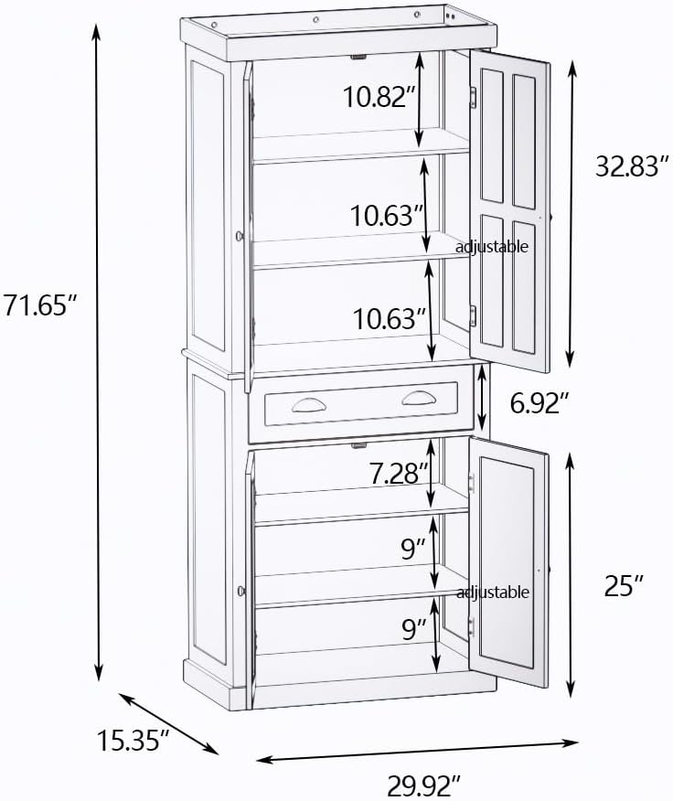 RASOO 70.87" Hutch Cabinet with Storage Freestanding White Pantry Storage Cabinet with 1 Drawer and 4 Doors, 3 Adjustable Shelves Inside of The Buffet Cabinet