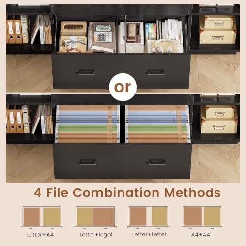 SEDETA 55" File Cabinet with Lock, Large 3 Drawers Filing Cabinets for Home Office, Lockable Printer Stand with Storage, Power Strip, LED Light & Pegboard, Black + Brown