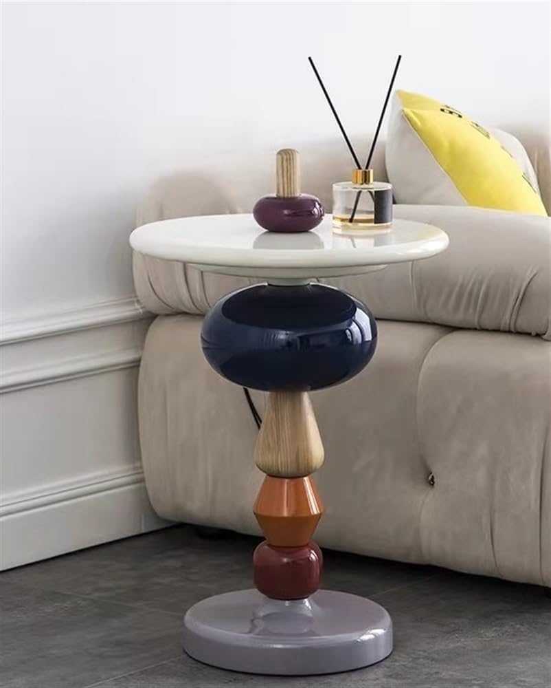 Modern Round Side Table, Fiberglass End Table, Solid Oak Pole, Small Round Coffee Table, Small Sofa Table Nightstand for Living Room, Bedroom, and Office Spaces(Blue)