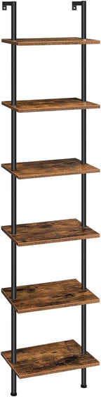 HOOBRO DIY Ladder Shelf, 6-Tier Wooden Wall Mounted Bookshelf, Narrow Bookcase, Display Shelf, Storage Rack, Plant Stand, for Living Room, Bedroom, Study, Balcony, Rustic Brown and Black BF651CJ01