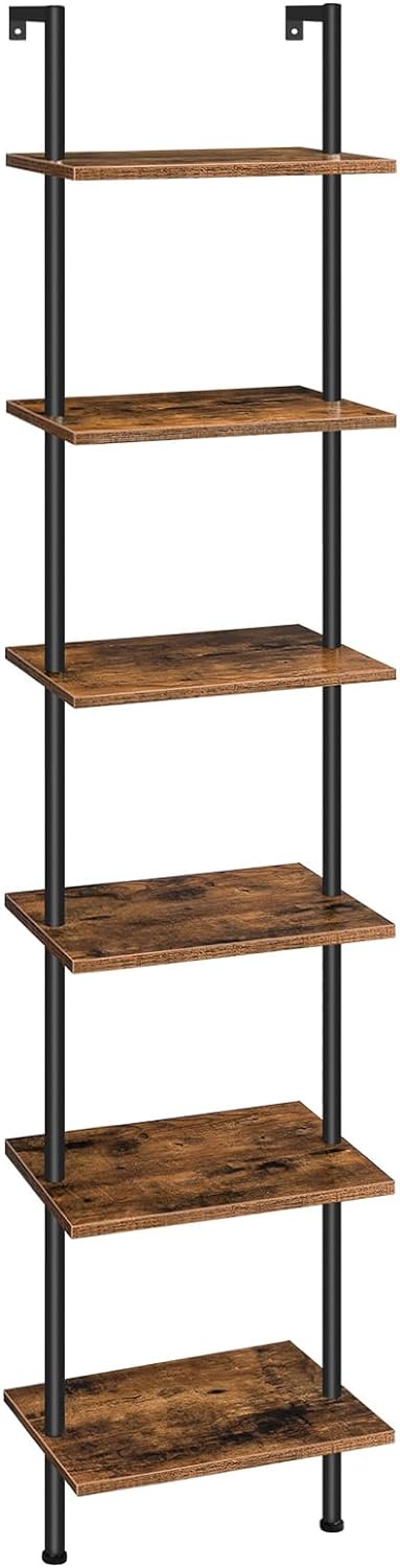 HOOBRO DIY Ladder Shelf, 6-Tier Wooden Wall Mounted Bookshelf, Narrow Bookcase, Display Shelf, Storage Rack, Plant Stand, for Living Room, Bedroom, Study, Balcony, Rustic Brown and Black BF651CJ01
