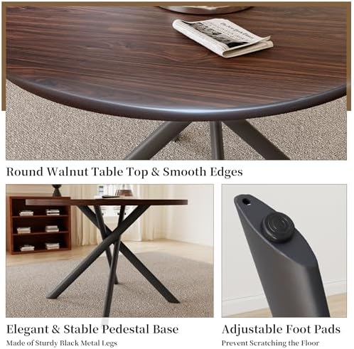 HIPIHOM 45.3'' Walnut Round Dining Table Set for 4, Mid Century Modern Small Coffee Set for Dining Room Kitchen Apartment (Dark Walnut Table + 4 Black Chairs)