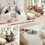 108" U-Shape Modular Sectional Cloud Cream Couch with Ottoman, Deep Seat Couch with Oversized Chaise Lounge, Comfy Flannel Fabric Sofa for Living Room Bedroom Apartment