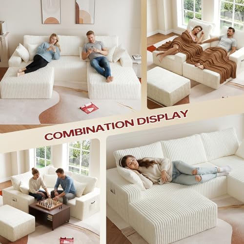 108" U-Shape Modular Sectional Cloud Cream Couch with Ottoman, Deep Seat Couch with Oversized Chaise Lounge, Comfy Flannel Fabric Sofa for Living Room Bedroom Apartment