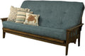 BOWERY HILL Queen-Size Wood Futon, Rustic Walnut Brown Frame, Linen Aqua Blue Mattress, Convertible Sofa Bed, Solid Hardwood Construction, Coil Spring Cushion, Versatile Living Room or Guest Room
