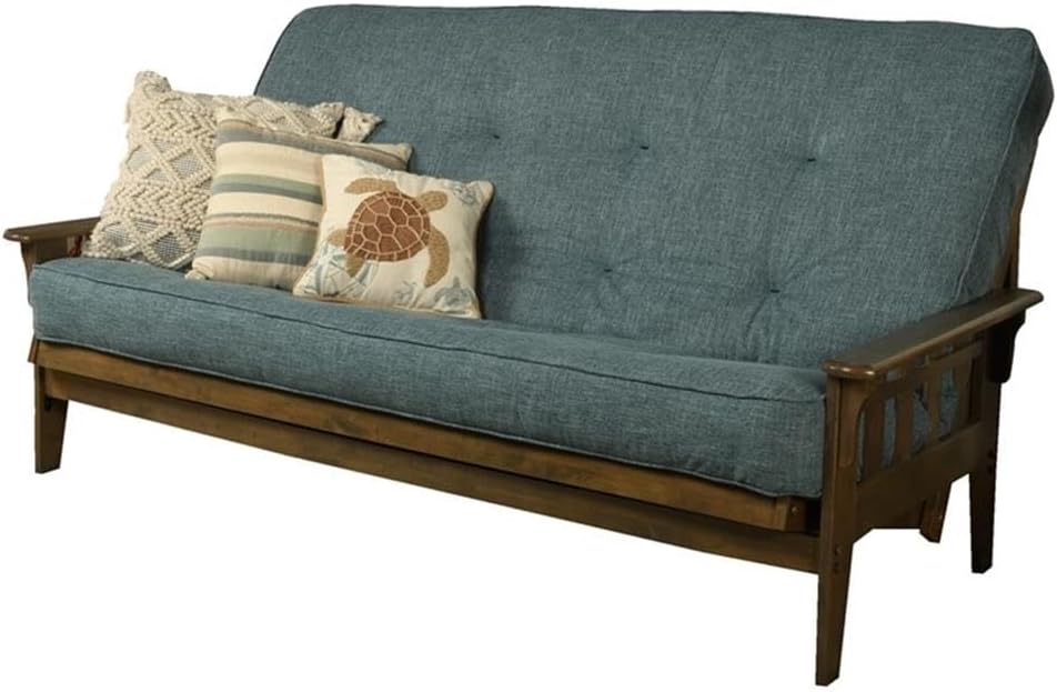 BOWERY HILL Queen-Size Wood Futon, Rustic Walnut Brown Frame, Linen Aqua Blue Mattress, Convertible Sofa Bed, Solid Hardwood Construction, Coil Spring Cushion, Versatile Living Room or Guest Room