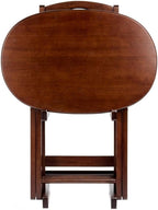 Furnifact Solid Wood Brown 5 Piece TV Trays Set Includes 4 Small Folding Tables with Oval Tops and Storage Stand, Ideal TV Tables for Eating Or Dinner Tray Table