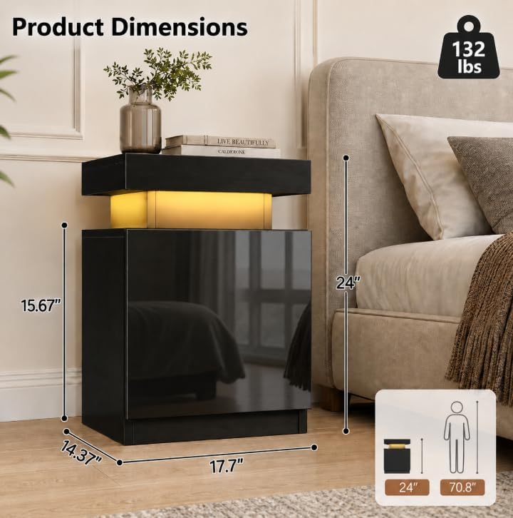 MXV Nightstand Set of 2 with LED Lights, 24in Tall Night Stand with Storage Cabinet for Bedroom, Bedside Table with LED (Black, 17.7" D x 14.37" W)