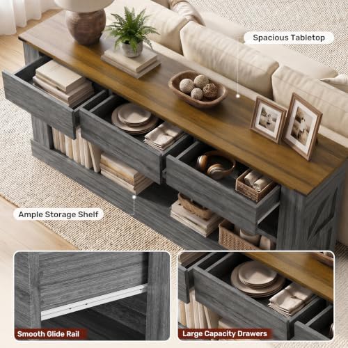 Miereirl 63" Console Table with Drawers & LED Light, Brown & Dark Grey