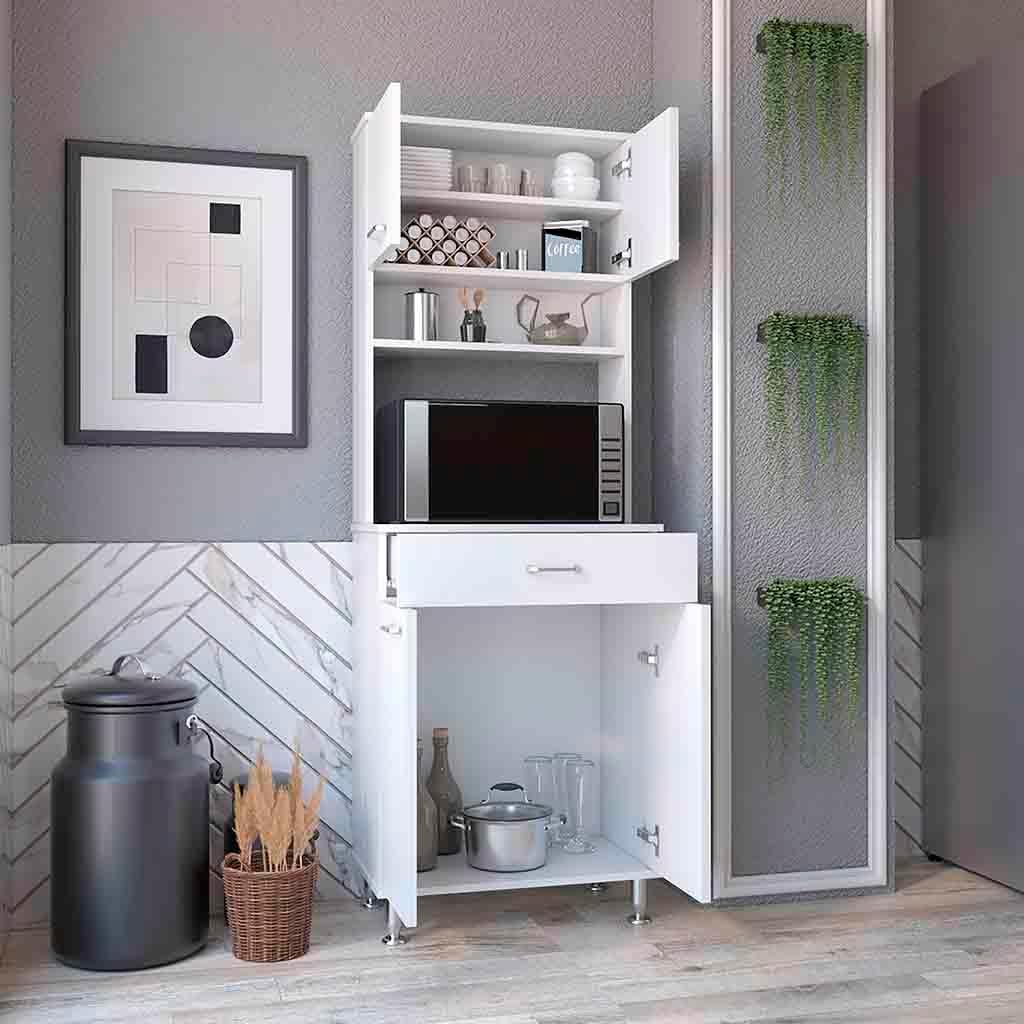 Pantry Cabinet 67" H,Four Doors,One Drawer,Three Internal Shelves,2 External Storage Shelves,Microwave Storage Option,Four Legs,White
