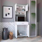 Pantry Cabinet 67" H,Four Doors,One Drawer,Three Internal Shelves,2 External Storage Shelves,Microwave Storage Option,Four Legs,White