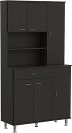 Kitchen Pantry Cabinet, Two Open Shelves, One Drawer, Multiple Cabinets, Black