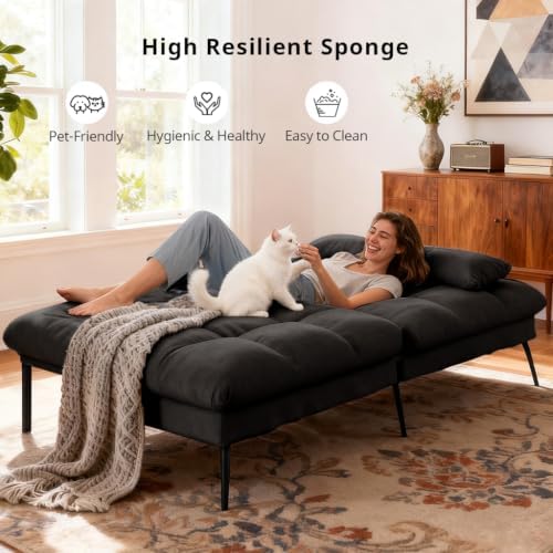 COMHOMA 72″ Convertible Futon Sofa Bed, Adjustable Backrest, Black | Breathable Fabric Futon Couch with Pillows,Multi-angle Ergonomic Reclining,Space-saving Sleeper Sofa for Living Room