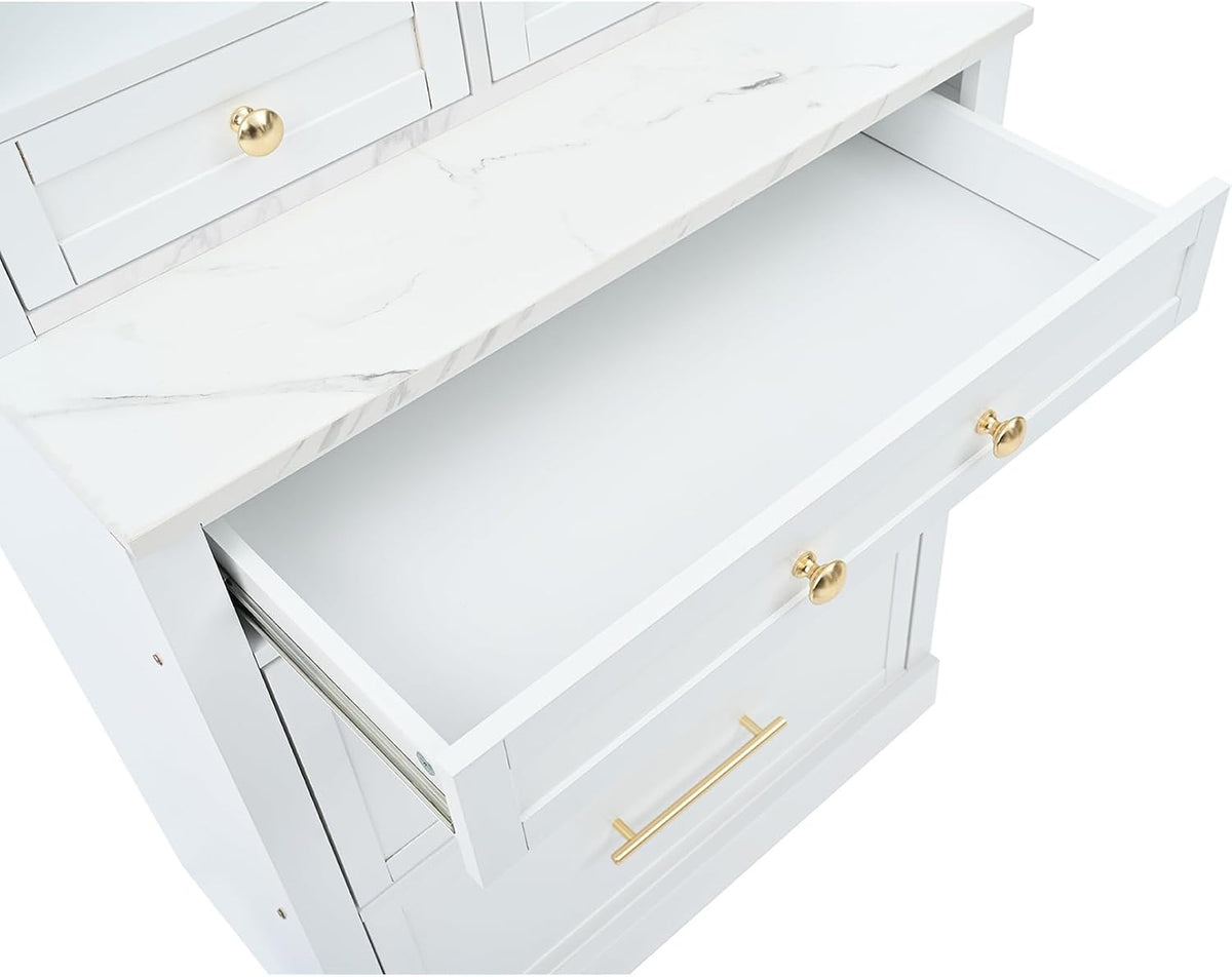 83.7” Tall Kitchen Pantry Storage Cabinet, Wooden Storage Cabinet with 5 Drawers and Adjustable Shelves, Bathroom Storage Cabinet with Open Compartments, Freestanding Cupboard for Kitchen, White
