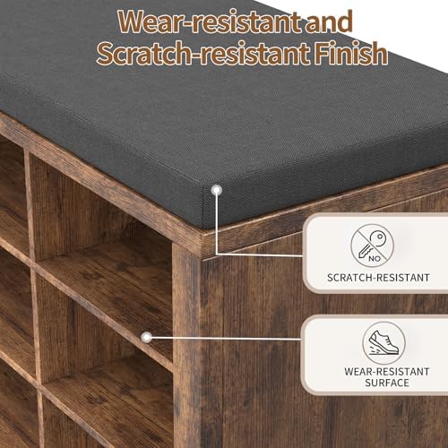 Shoe Rack Bench, Shoe Storage Bench with Cushion, Shoe Organizer 16 Cubbies for Entryway Hallway Bedroom Living Room, Holds Up to 400lbs