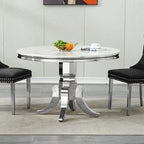 45 inch White Marble Round Dining Table for 4 to 6, Modern Round Dining Table with Faux Marble Top & Silver Stainless Steel Y Base, Luxury Marble Kitchen Dining Room Table for Dinette Party Gathering