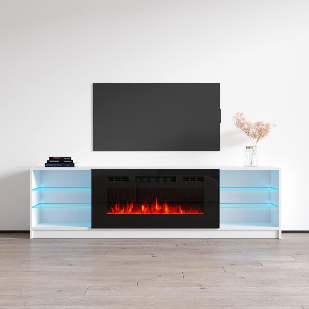 Meble Furniture Boston 01 Electric Fireplace TV Stand — High Gloss Modern Media Console with LED Lights and Storage — Fits TVs up to 90" — White, 79" W