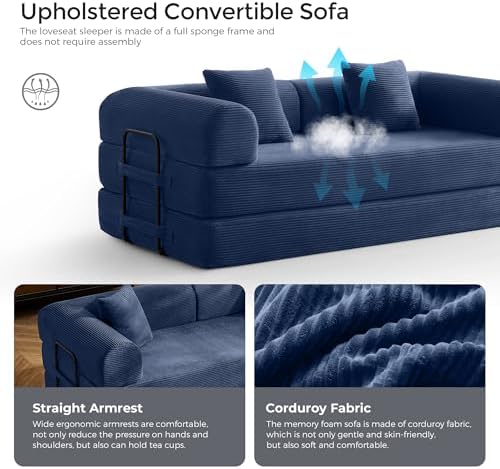 79" Convertible Futon Sofa Bed, Couch for Living Room | Blue | Folding Corduroy Sleeper Sofa, Modular Futon Couch with Fixed-Shape Frame, Pull Out Couch No Assembly