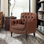 HULALA HOME Mid Century Modern Genuine Leather Accent Chair Set of 2, Brown | Button Tufted Leather Armchair, Upholstered Club Chair with Nailhead Trim, Solid Wood Legs, for Living Room Bedroom