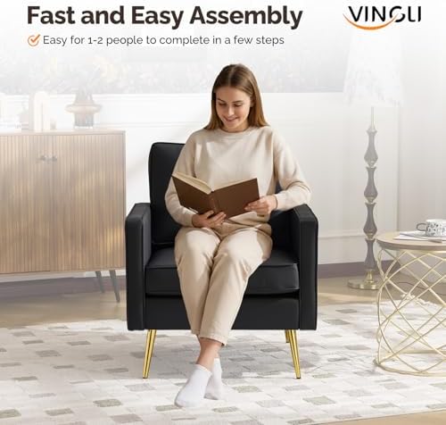 VINGLI Faux Leather Accent Chairs Set of 2 with Gold Legs for Living Room | Brown Armchair, Thick Foam Cushion, Durable Faux Leather PU, Sturdy 380 LB Frame, Elegant Gold Legs, Compact Modern Design