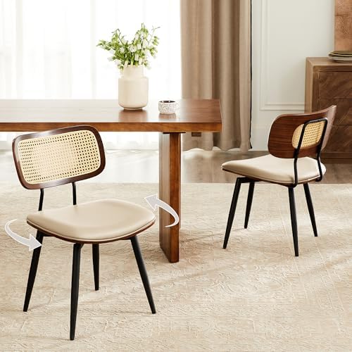 Swivel Dining Chairs with Rattan Back, Rattan Leather Dining Chairs with Swivel Metal Legs, Mid-Century Modern Synthetic Leather Upholstered Kitchen Chair, Set of 2, Beige