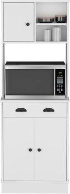 Kitchen Pantry 67" H, Two Cabinets, Three Doors, Two Open Shelves, One Drawer, Microwave Storage Option, White