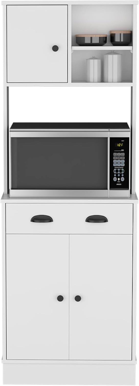 Kitchen Pantry 67" H, Two Cabinets, Three Doors, Two Open Shelves, One Drawer, Microwave Storage Option, White