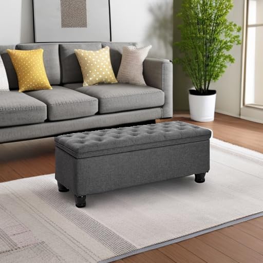 SONGMICS Storage Ottoman, 46.5 Inches Bedroom Bench, Solid Wood Legs