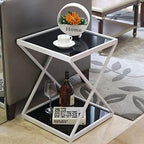Telephone Table, 2 Tier Tempered Glass Sofa Side Table Living Room Iron Art Corner Table Snack Table Bedroom Nightstand Storage Shelf，18.8''x14.2''x20.4''(Color:White)