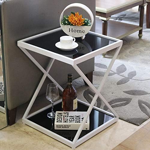 Telephone Table, 2 Tier Tempered Glass Sofa Side Table Living Room Iron Art Corner Table Snack Table Bedroom Nightstand Storage Shelf，18.8''x14.2''x20.4''(Color:White)