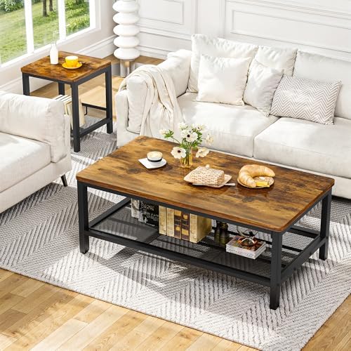 Recaceik 3-Piece Living Room Coffee Table Set, Industrial Coffee Table with 2 Square End Side Tables, Modern Living Room Table Set with Metal Frame for Apartment Home Office (Rustic Brown)