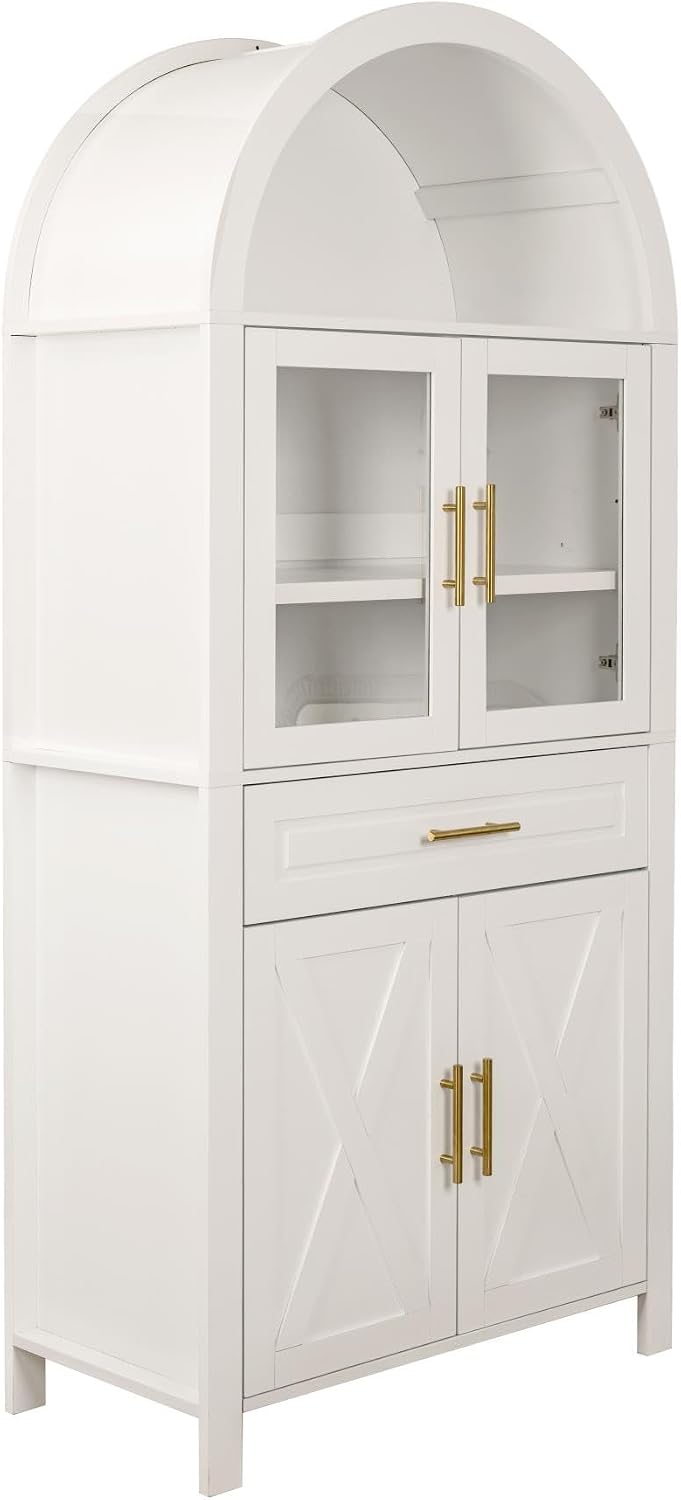 KEIKI 71" Tall Arched Kitchen Pantry Cabinet with Glass Door,Drawer,Farmhouse Storage with Adjustable Shelves Design for Kitchen,Living & Dining Room