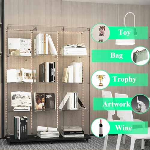 65" H 4-Shelf Glass Display Storage Cabinet with LED Lights Strip & Double Doors, Modern Curio Cabinet Collection Display Case with Lockable Casters & Lock for Living Room (Black)