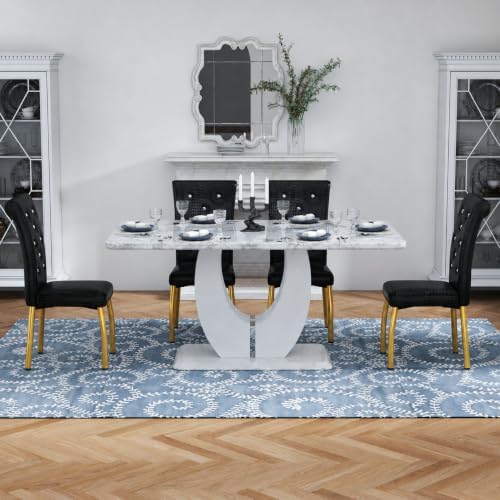 5 Piece Faux Marble Dining Table Set for 4, 63" Rectangular Kitchen Table and Chairs Set with 4 Tufted PU Leather High Back Chairs, Modern Dining Room Table Set with U-Shaped Pedestal Base, White Gold