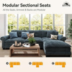 SUNSHINE VALLEY 116" Oversized Modular Sectional Couch L Shaped Living Room | Mid-Century Modern 4-Seater Cloud Sofa, Cyan, Rolled Arms & Nailhead Trim, Wider & Deeper Seats, Ottoman, Chenille