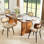 Swivel Dining Chairs with Rattan Back, Rattan Leather Dining Chairs with Swivel Metal Legs, Mid-Century Modern Synthetic Leather Upholstered Kitchen Chair, Set of 2, Beige