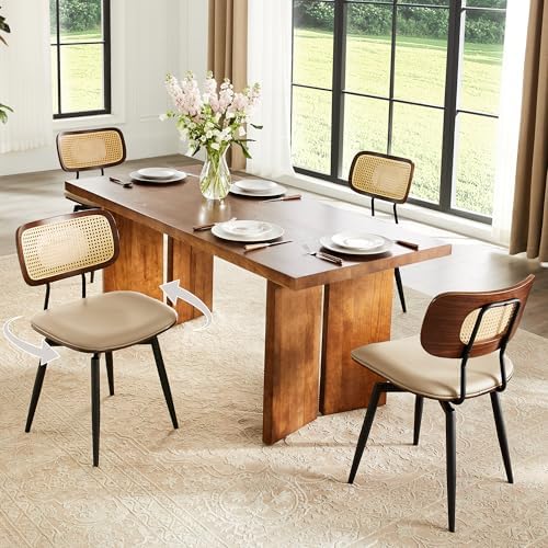Swivel Dining Chairs with Rattan Back, Rattan Leather Dining Chairs with Swivel Metal Legs, Mid-Century Modern Synthetic Leather Upholstered Kitchen Chair, Set of 2, Beige