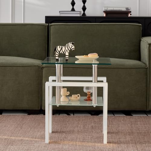 Glass End Table Tea Table with Shelf Side Table with Metal Legs Modern Small Tables for Living Room (White)