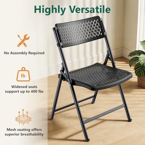 Black Folding Chairs 4-Pack, Breathable Plastic for Card Tables & Indoor Outdoor, Easy-Clean & Supports 400 Lbs