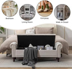 SOFTHION 58.1" Storage Bench for Bedroom, Linen Upholstered, Beige | End of Bedroom Bed Bench Ottoman with Tufted Cushioned Rolled Arm Large Storage Space for Reading/Living Room/Entryway