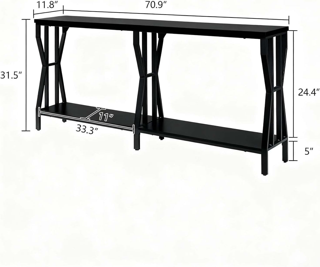HOMISSUE Sofa Console Table, 70.9" Extra Long Sofa Table with 2-Tier Storage, Industrial Narrow Console Tables Behind Couch, Hallway Table for Entryway, Living Room, Black