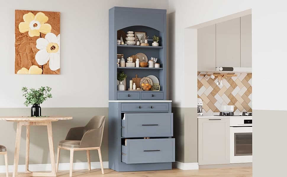 84 Inch Kitchen Pantry Cabinet with Faux Marble Top, Gray | Gray P2 MDF, kitchen or dining room, faux marble top, 5 pull-out compartments, adjustable shelf, anti-tip devices, 83.7 in H