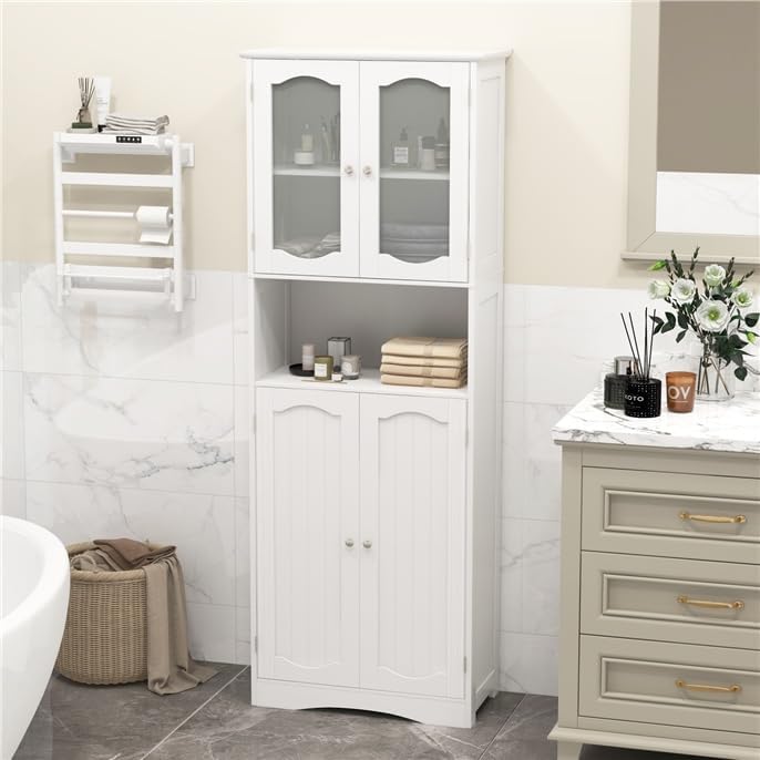 NAFORT Tall Storage Cabinet, Freestanding Cupboard with Adjustable Shelves, Frosted Glass Doors, Anti-Tipping Devices, Multifunctional Floor Cabinet for Bathroom, Dining Room & Living Room (White)
